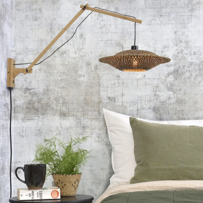 Applique murale Bali triple bras – Bambou naturel & abat-jour noir L