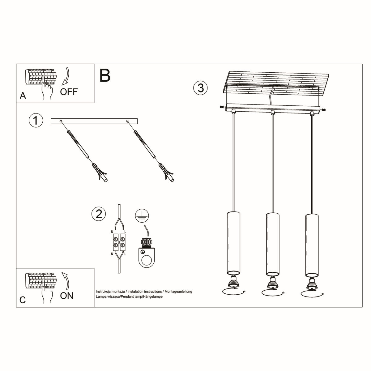 Long Cylinder 3 Black Pendant Lamp