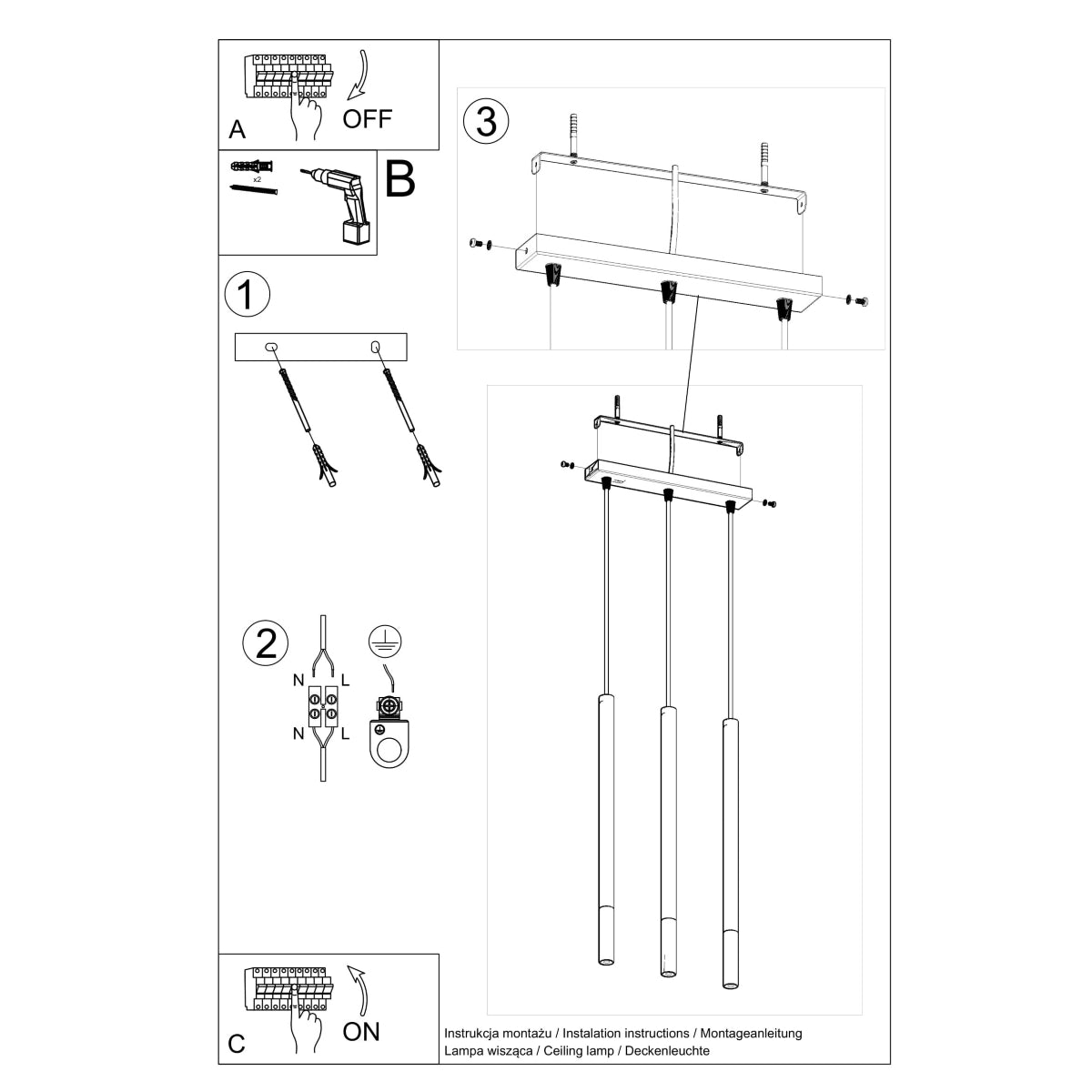 Suspension Moderne Mozaica 3L noir/cuivre