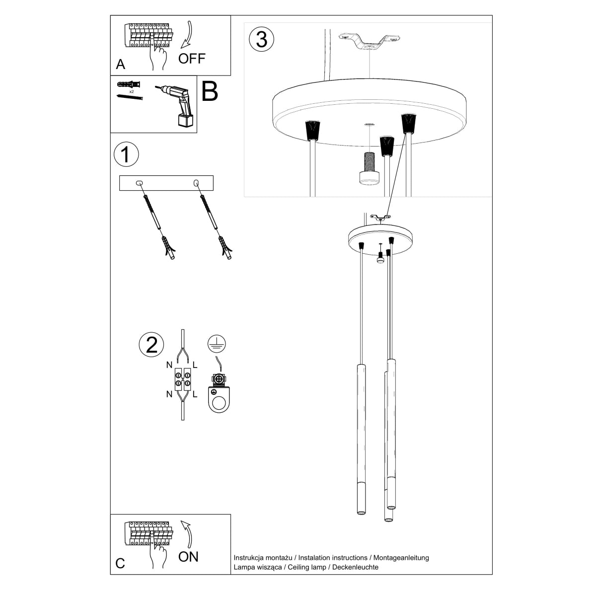 Suspension Moderne Mozaica 3P noir/cuivre