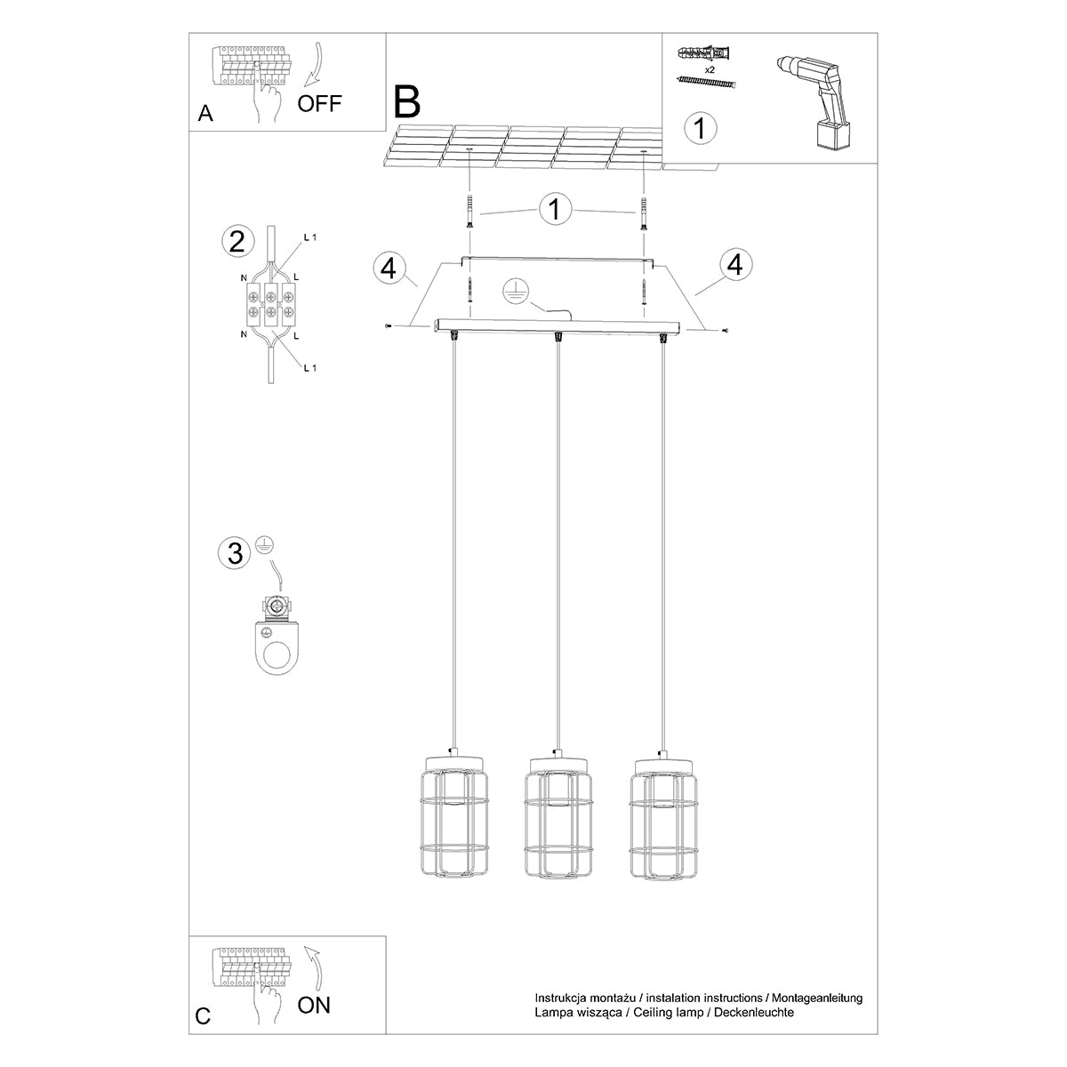Lampe suspendue Cage Industrielle 3L