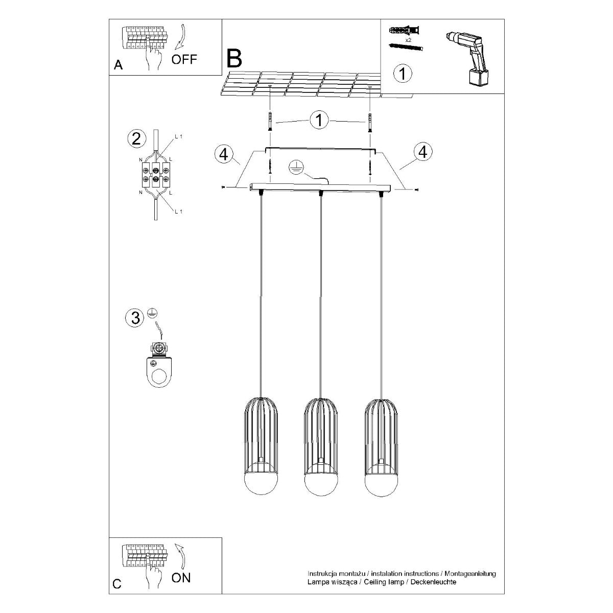 Lampe suspendue Sphère en Cage 3L noir