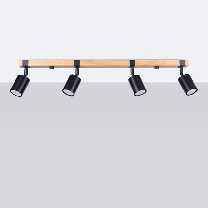Lámpara de techo con base de madera ajustable, 4 luces, color negro