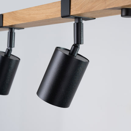 Lámpara de techo con base de madera ajustable, 4 luces, color negro