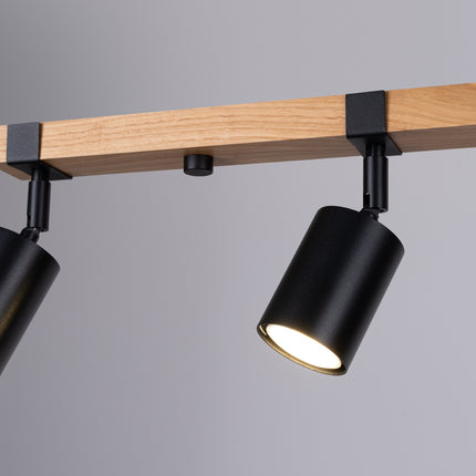 Lámpara de techo con base de madera ajustable, 4 luces, color negro