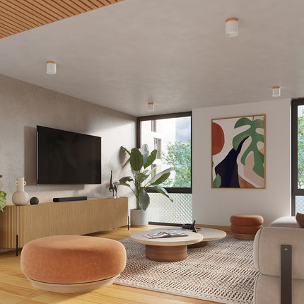 Deckenleuchte „Cylinder“ aus Holz und weißem Stahl