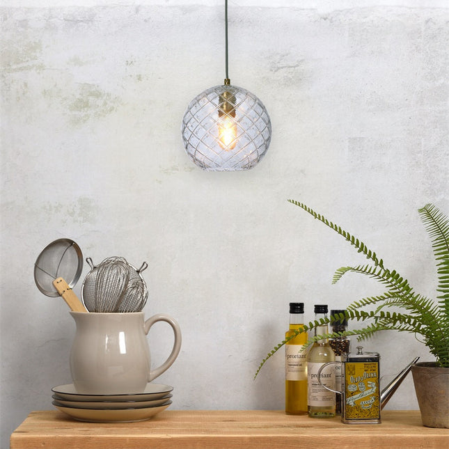 Globe-Pendelleuchte „Venice“ aus klarem Glas mit Goldrand