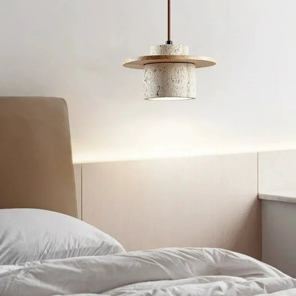 Lámpara colgante de travertino natural y madera