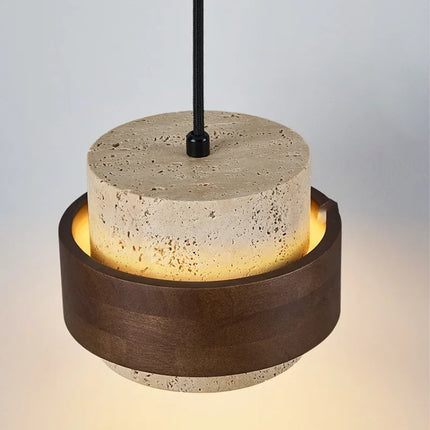 Retro-LED-Pendelleuchte aus Holz und Stein