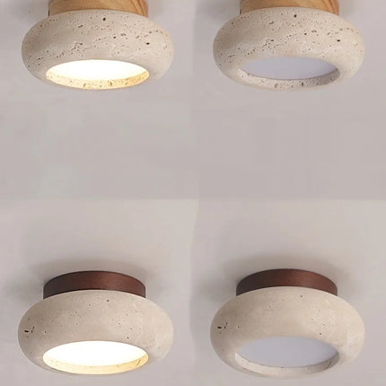 LED-Deckenleuchte aus gelbem Travertin und Holz