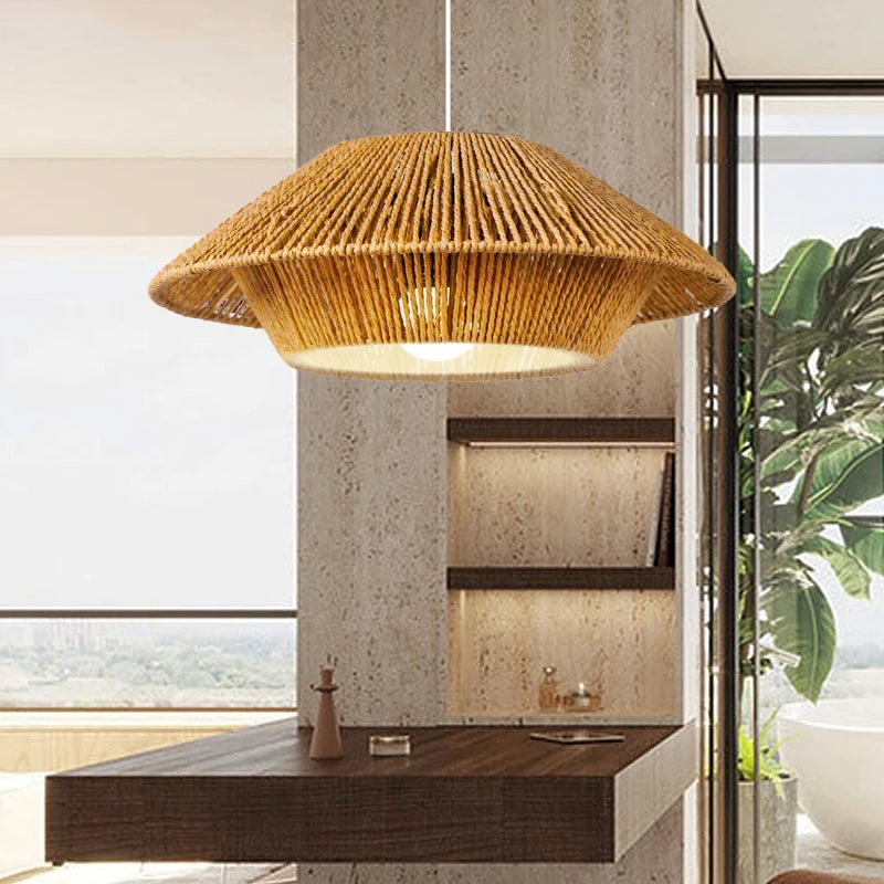 Suspension LED Wabi Sabi en corde, design japonais pour une ambiance apaisante.