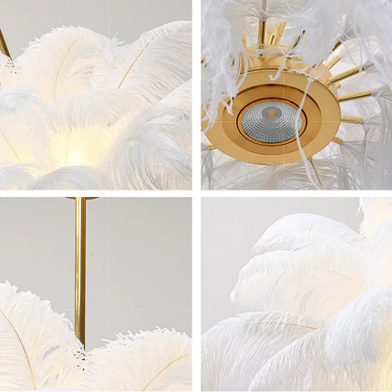 Suspension nordique en plumes d'autruche avec ampoules E14 incluses, idéale pour un intérieur de luxe.