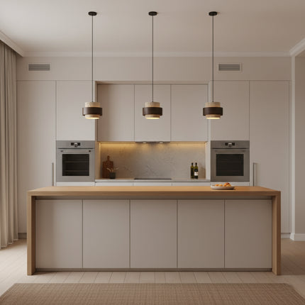 Retro-LED-Pendelleuchte aus Holz und Stein