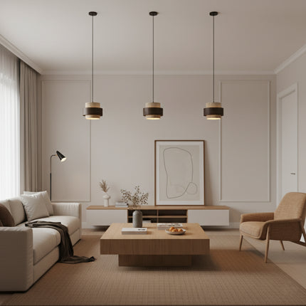 Retro-LED-Pendelleuchte aus Holz und Stein