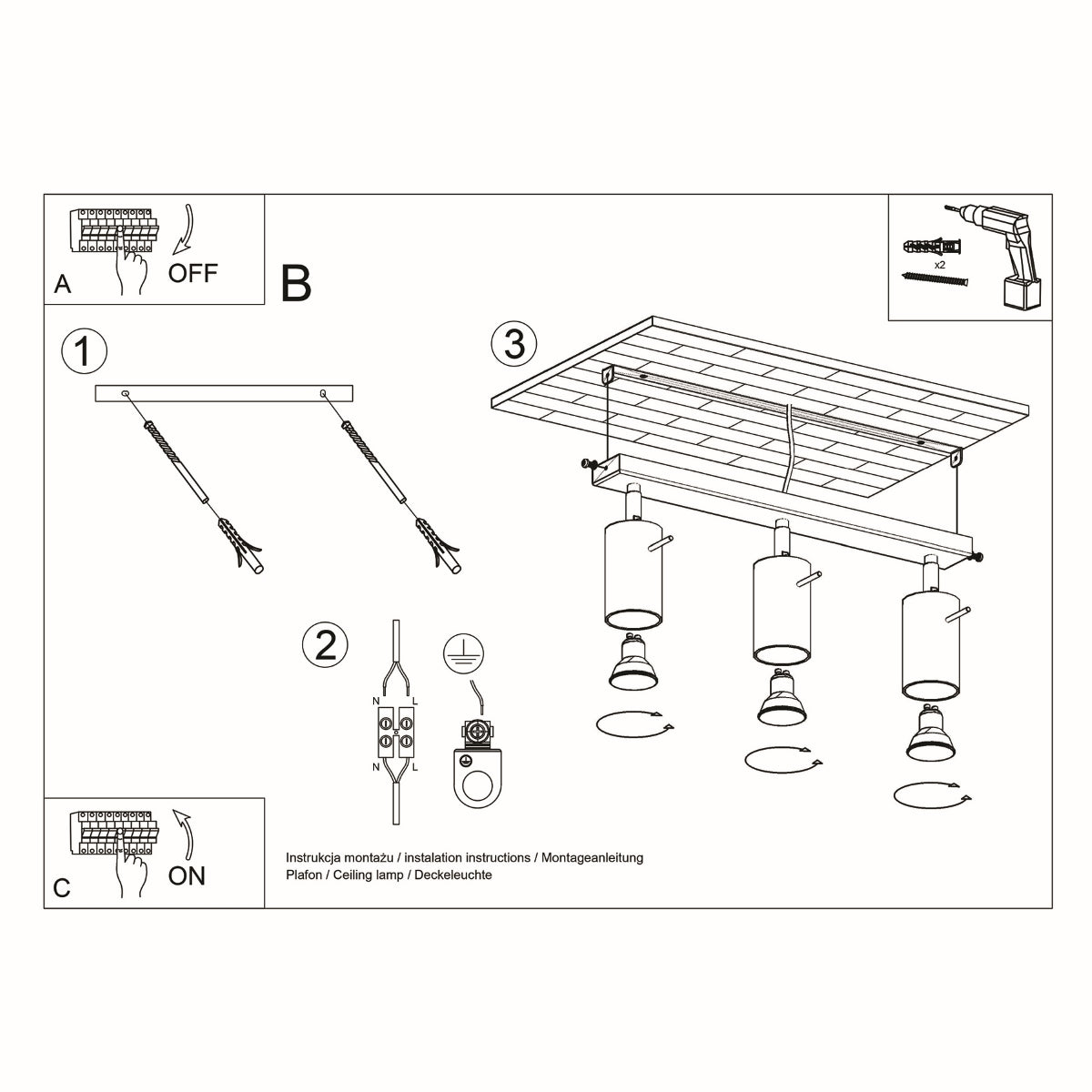 Richtungsdeckenleuchte 3 weiße LEDs