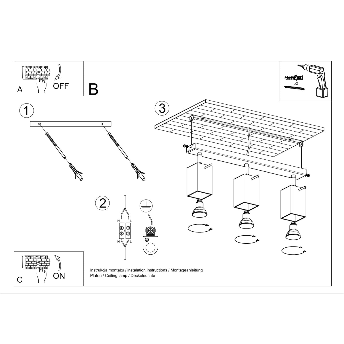 Quadratische Deckenleuchte mit 3 LEDs, weiß