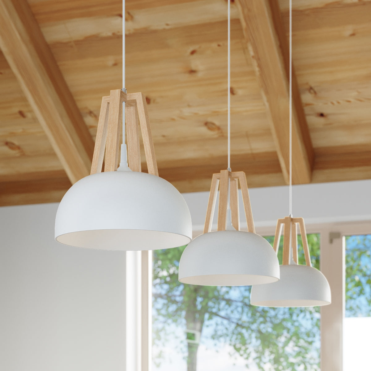 Lampe pendante CASCO blanc/bois naturel