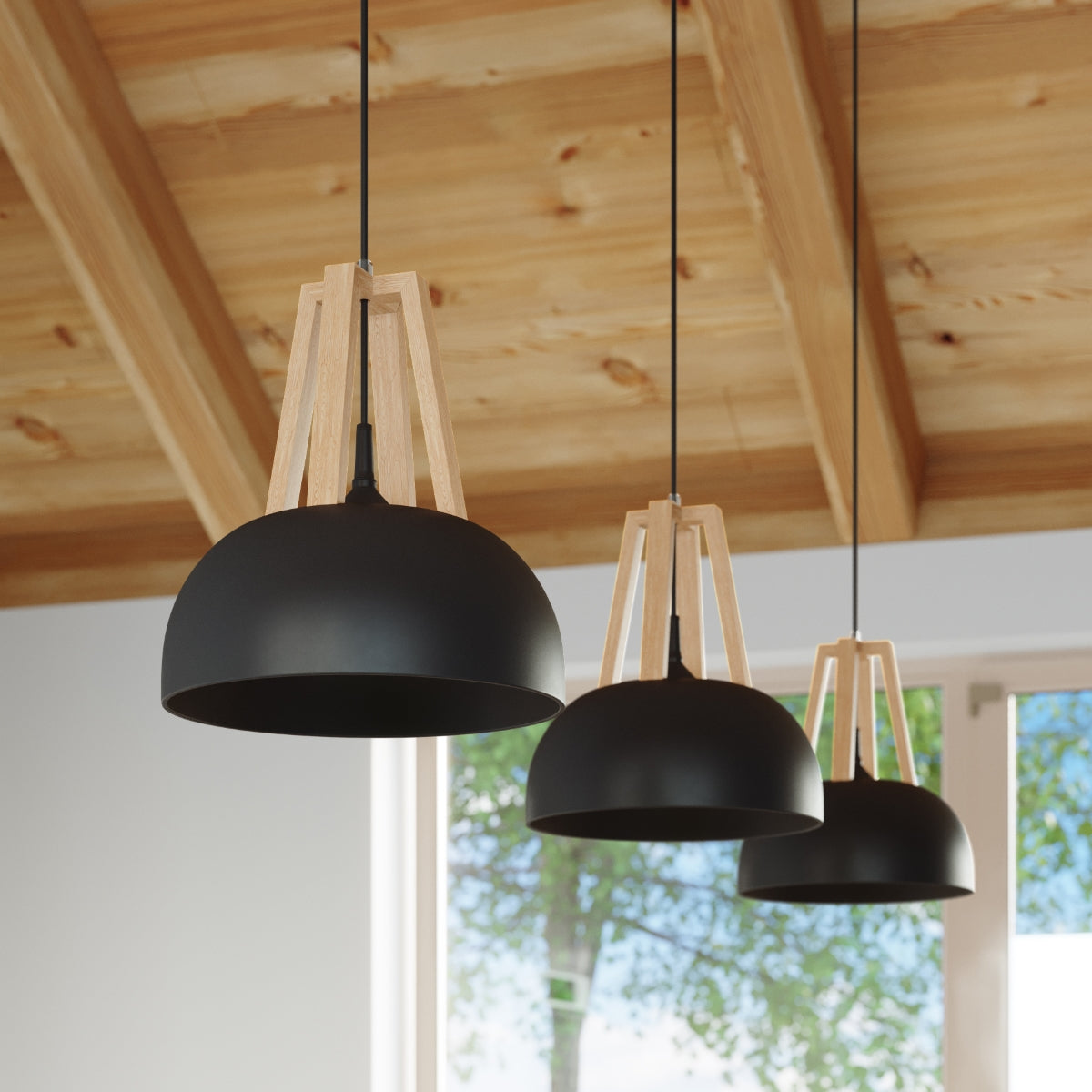 Lampe pendante CASCO noir/bois naturel