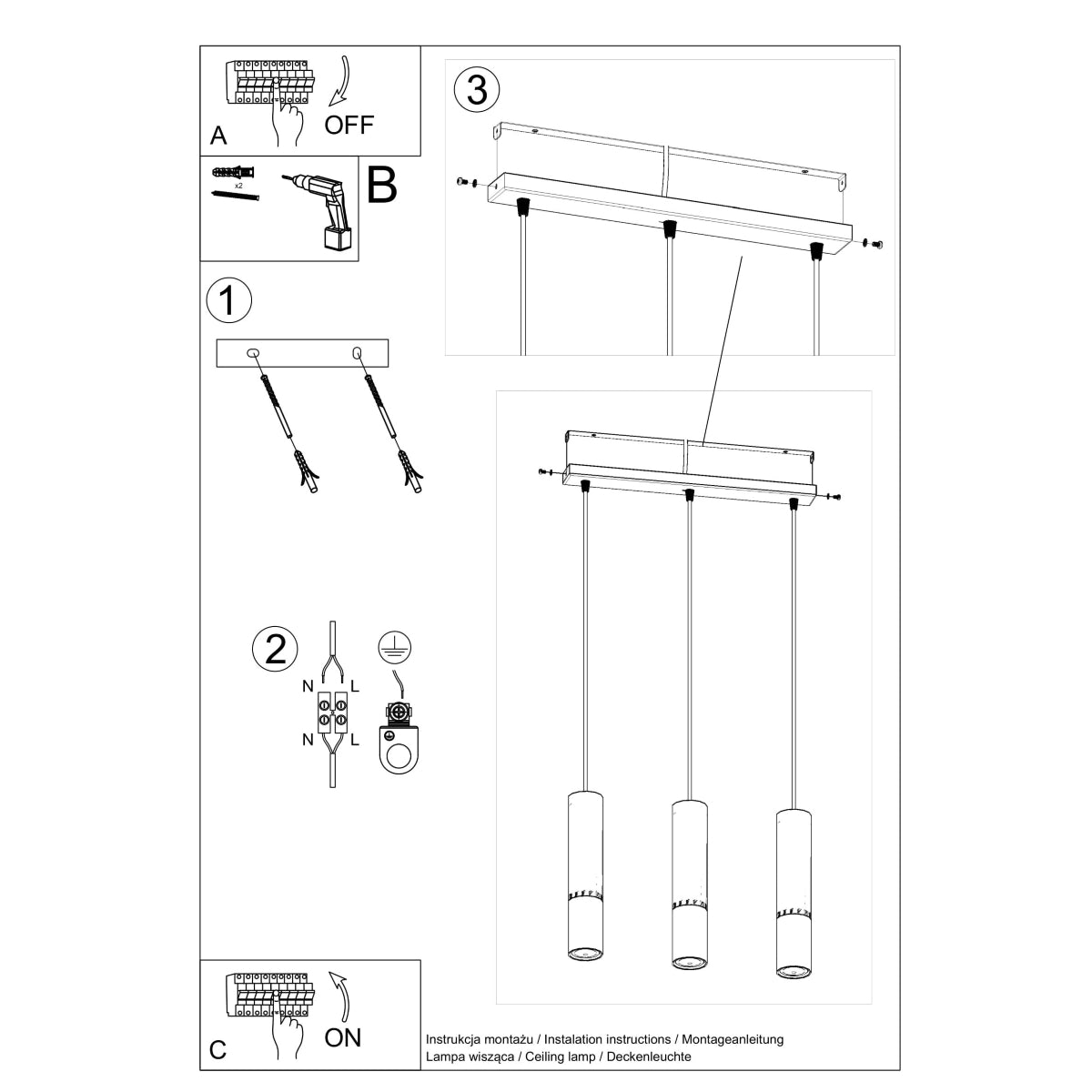 Lampe suspendue Duo Metallic 3L noir/cuivre