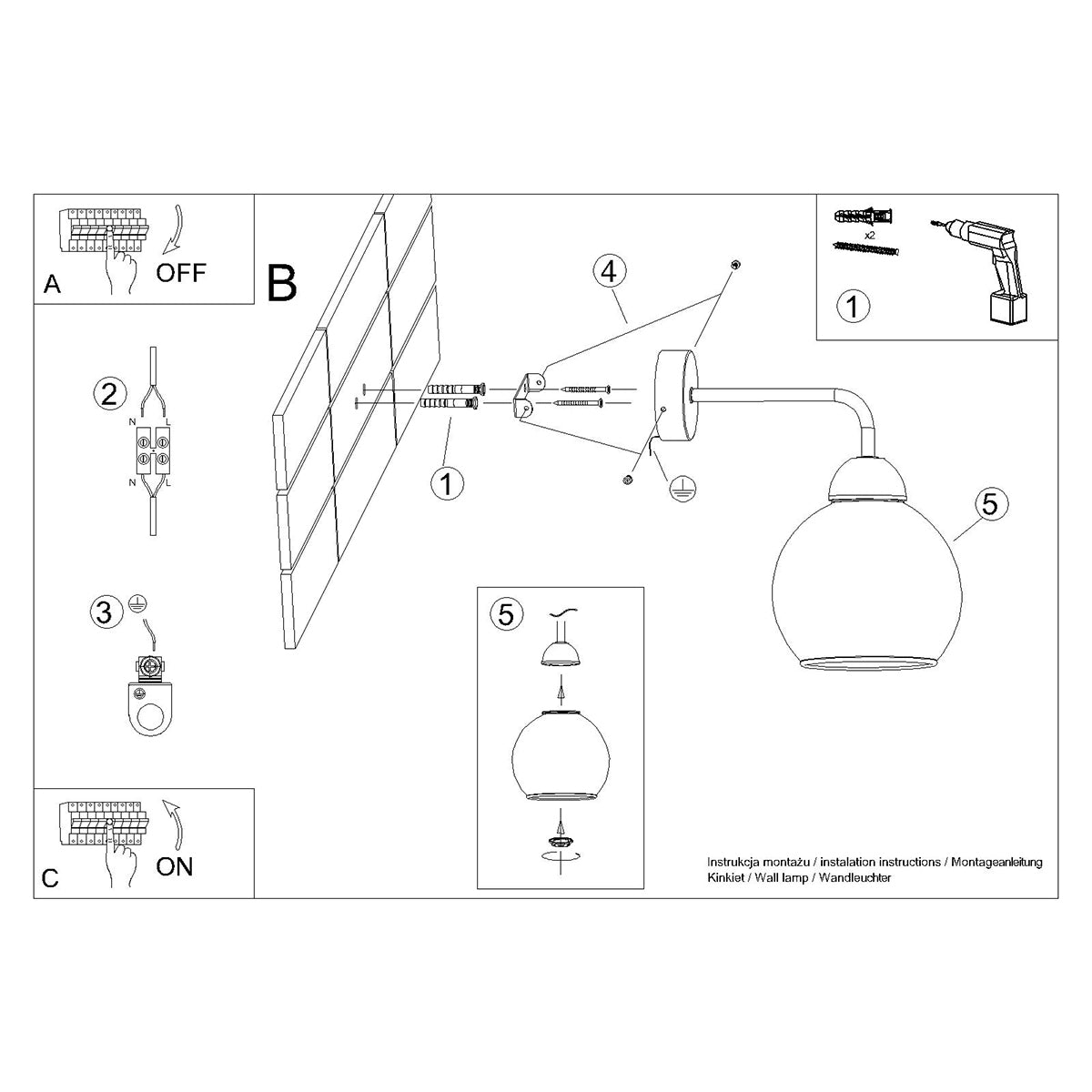 Wandglockenlampe aus schwarzem Rauchglas