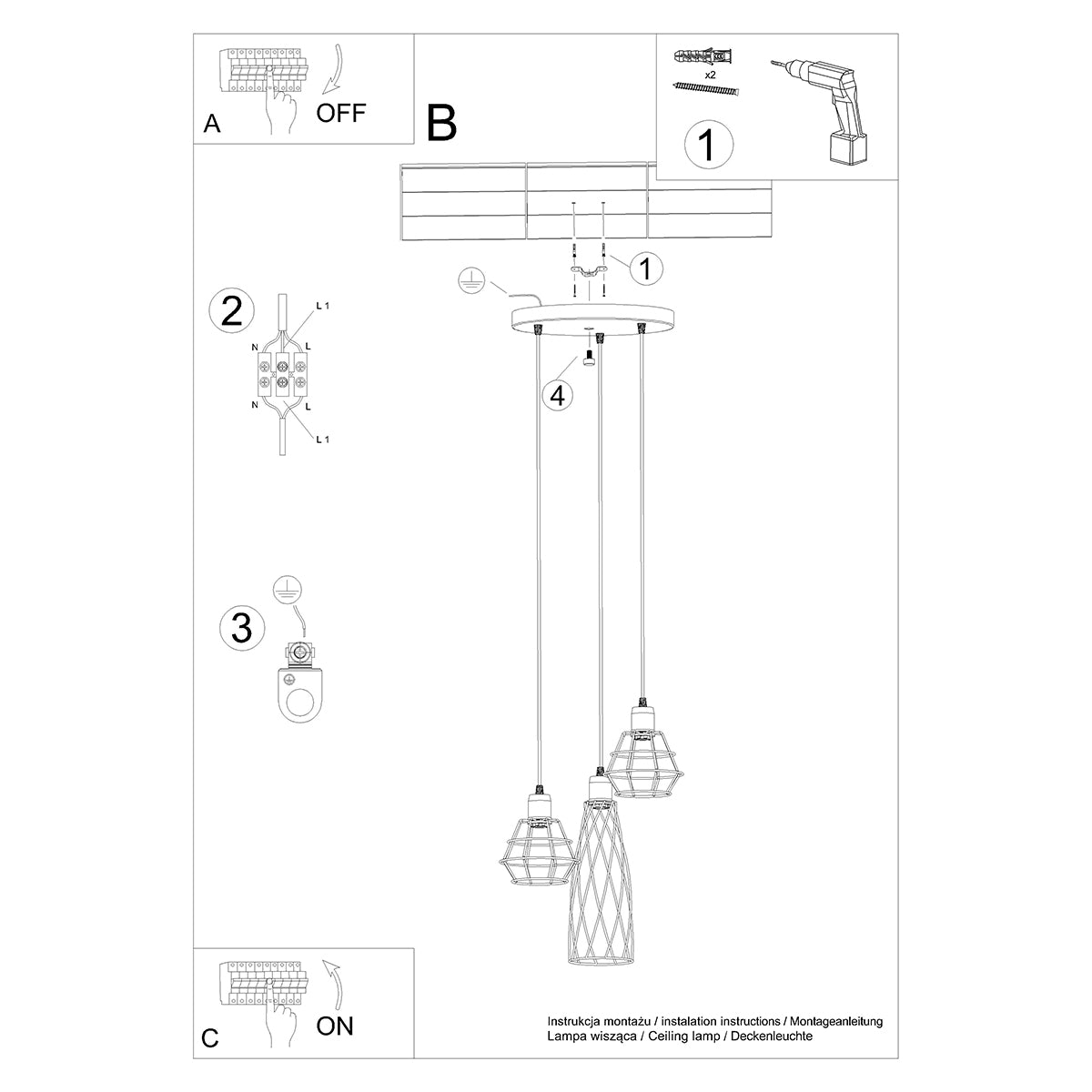 Modern Cage 3P black pendant lamp