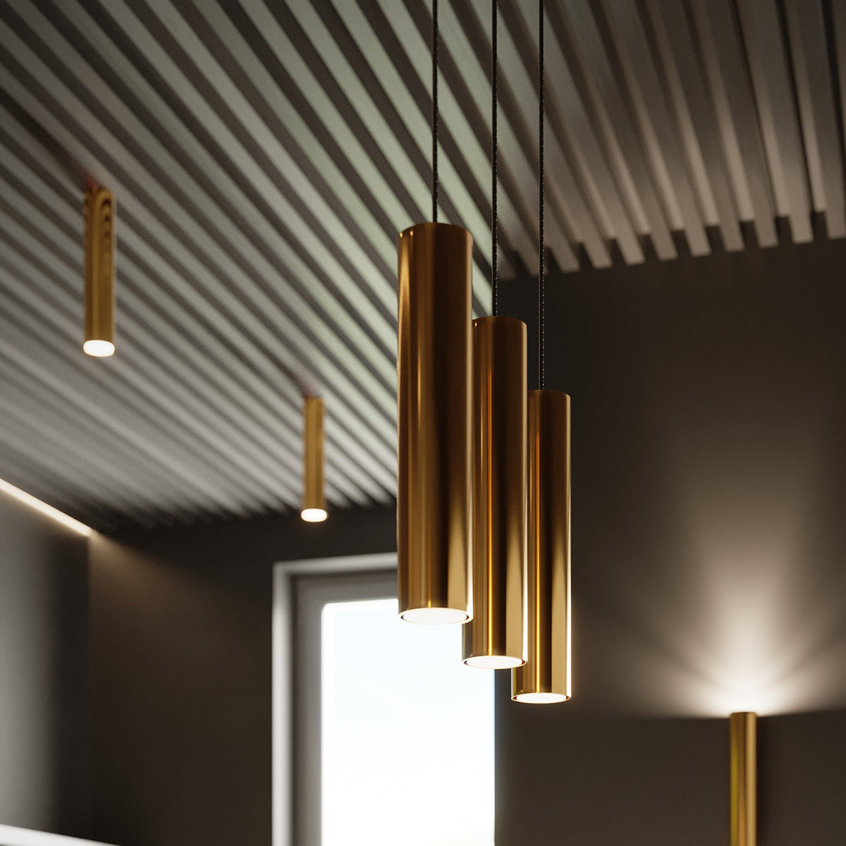 Long Cylinder Pendant Lamp 3 Polished Gold