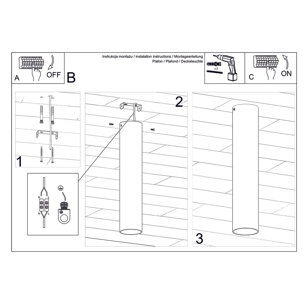 Plafonnier Tube 30 or poli