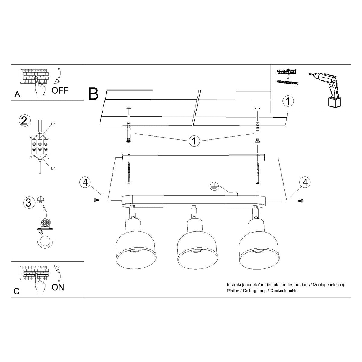 Elba 3 Adjustable Bell Ceiling Light Black