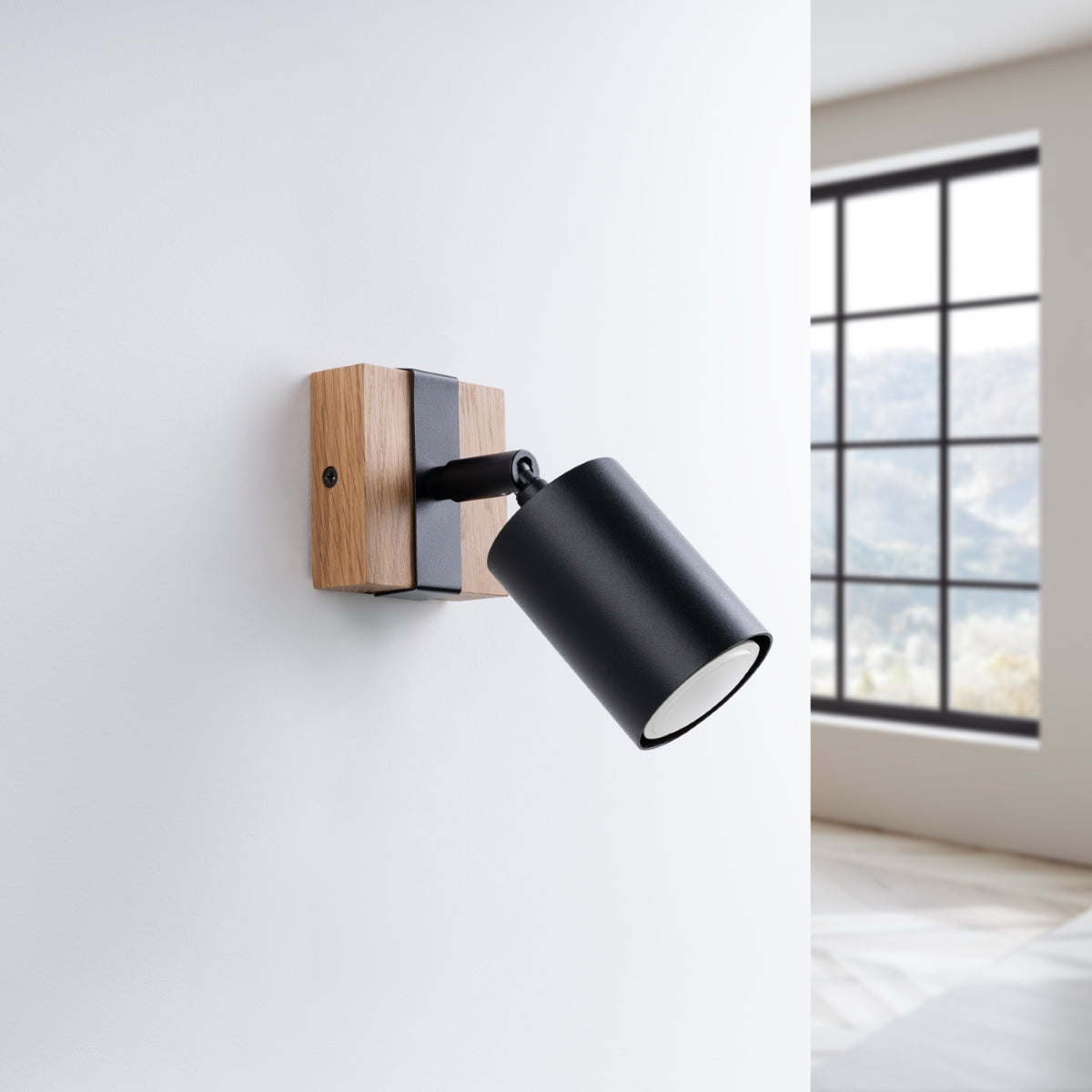 Adjustable black wooden base wall light