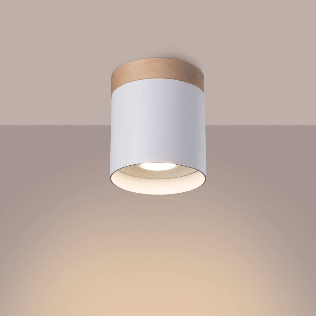 Cylinder ceiling light in wood and white steel