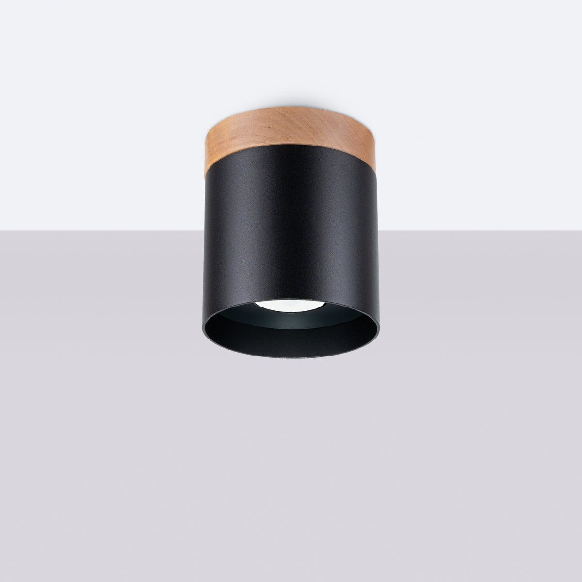 Wood and black steel cylinder ceiling light