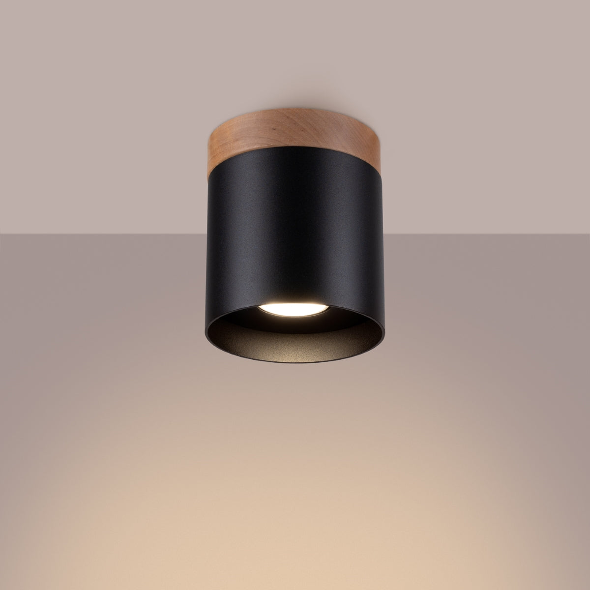 Wood and black steel cylinder ceiling light