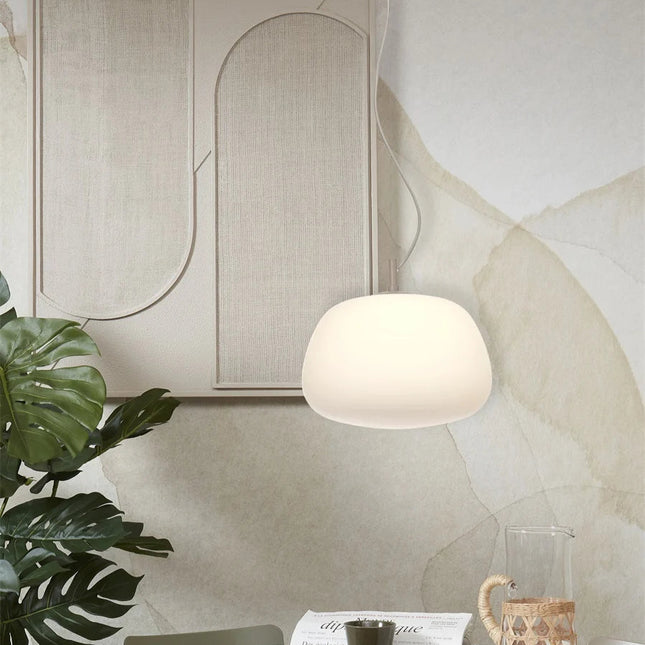 Sapporo Pendelleuchte Weißes Glas &amp; Sandmetall – Ø34 cm