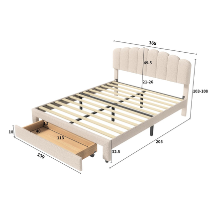Double bed 160x200 with drawer – Adjustable beige padded teddy headboard