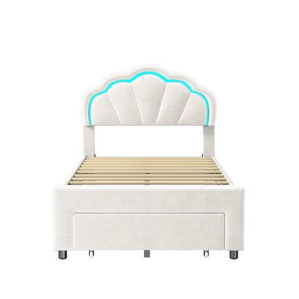 Single bed 90x200 with storage drawer – LED flower headboard