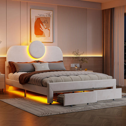 Doppelbett 140x200 cm in Samt mit Stauraum – Rundes LED-Kopfteil