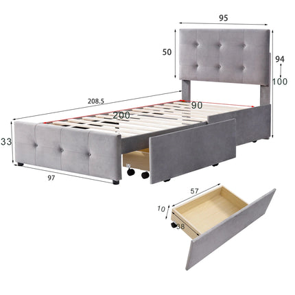 Einzelbett 90x200 – Gepolstertes Design in grauem Samt mit 2 Schubladen