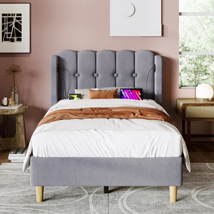 Single bed 90x200 – Upholstered headboard with USB &amp; Type-C ports Grey