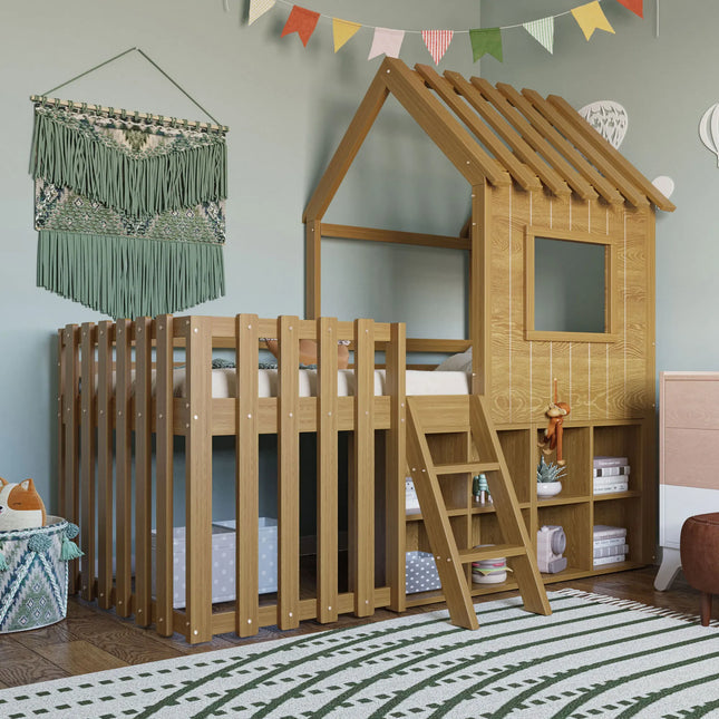 Lit cabane 90x200 en bois – Maison avec barrière et rangements ouverts