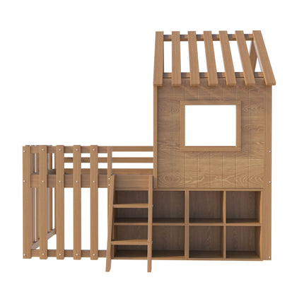 Wooden cabin bed (90x200cm) – House with barrier and open storage