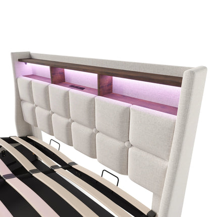 Lit coffre 140x200 avec rangement – Tissu Blanc ou Gris & LED