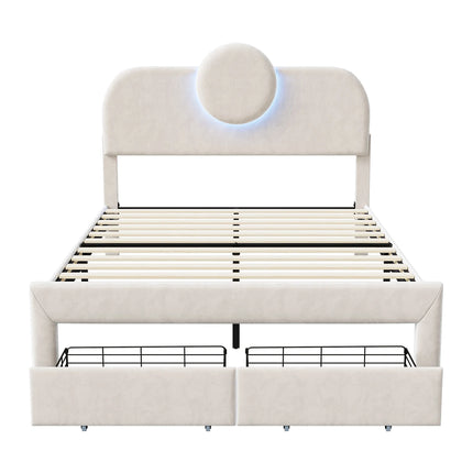 Doppelbett 140x200 cm in Samt mit Stauraum – Rundes LED-Kopfteil
