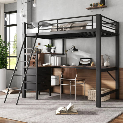 Einzel-Hochbett 90x200 – Schwarzes Metall mit Schreibtisch und Stauraum