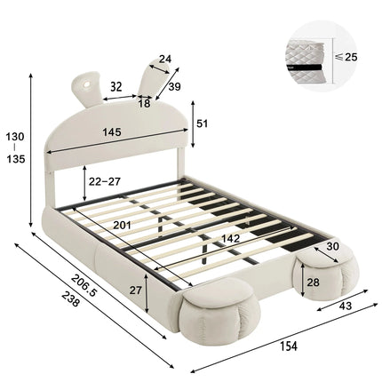 Double storage bed 140x200 – Beige velvet with storage and LED lighting