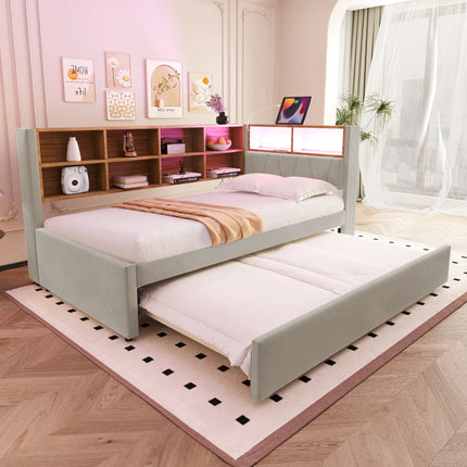 Ausziehbares Einzelbett 90x200 mit Stauraum und LED-Beleuchtung – Beige