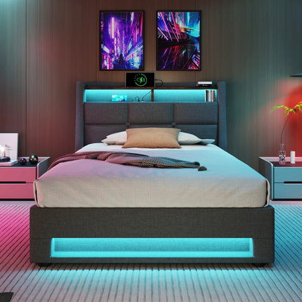 Lit coffre 140x200 avec rangement – Tissu Blanc ou Gris & LED