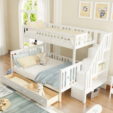 Lit cabane superposé 90x200 et 140x200 – Modèle blanc avec barrière & escalier rangement
