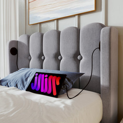 Single bed 90x200 – Upholstered headboard with USB &amp; Type-C ports Grey