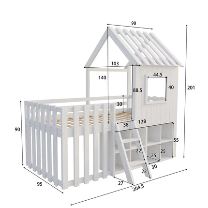 Wooden cabin bed (90x200cm) – House with barrier and open storage