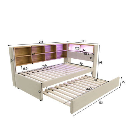 Ausziehbares Einzelbett 90x200 mit Stauraum und LED-Beleuchtung – Beige